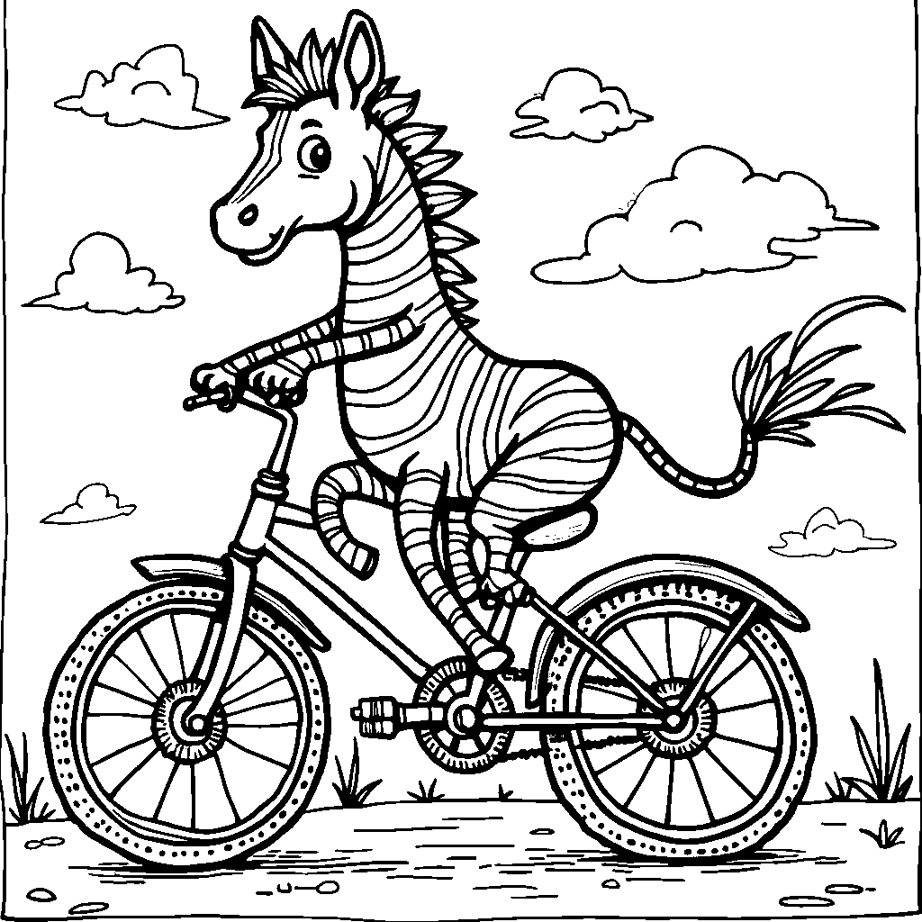 A zebra riding a bike with streamers on the handlebars