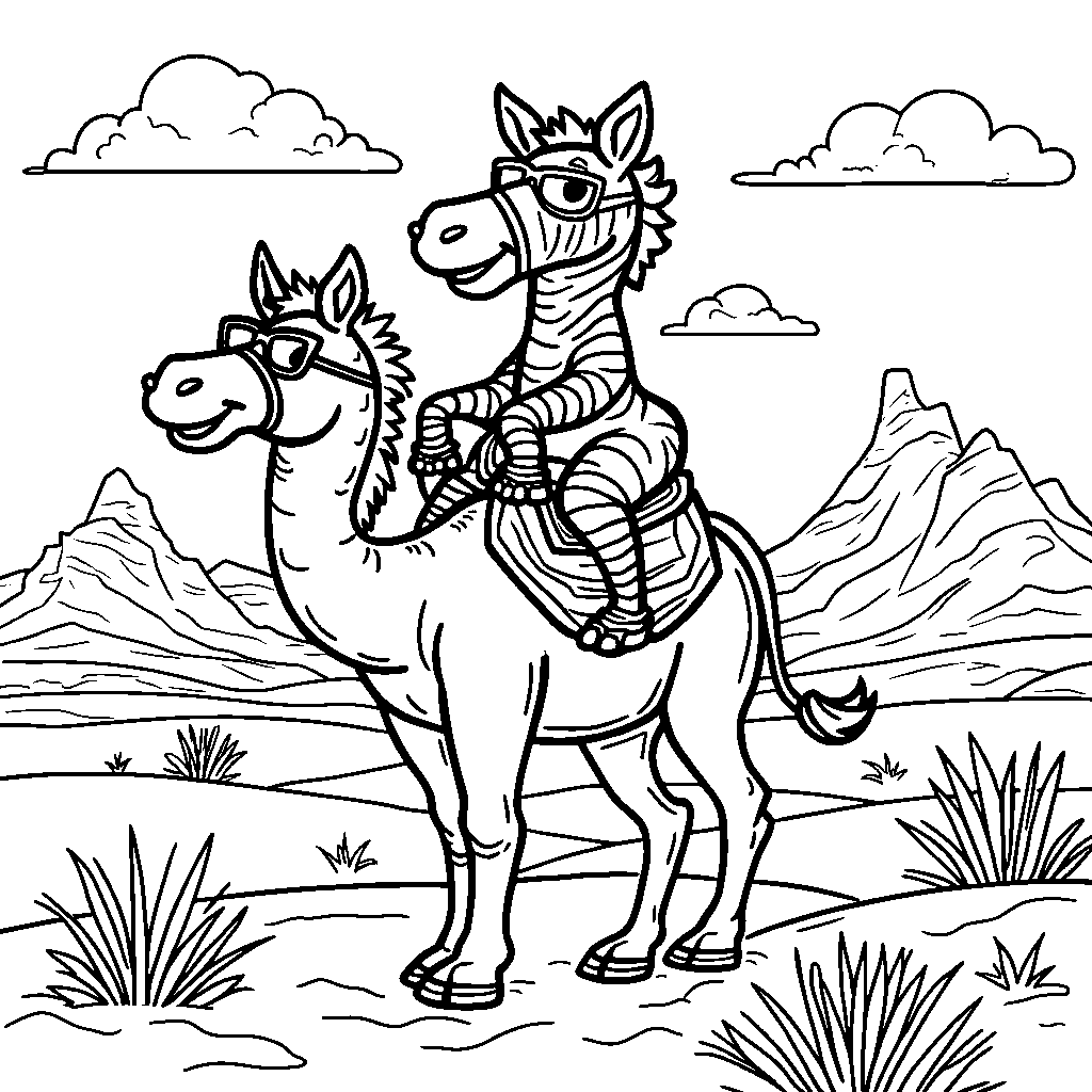 A zebra riding a camel in the desert