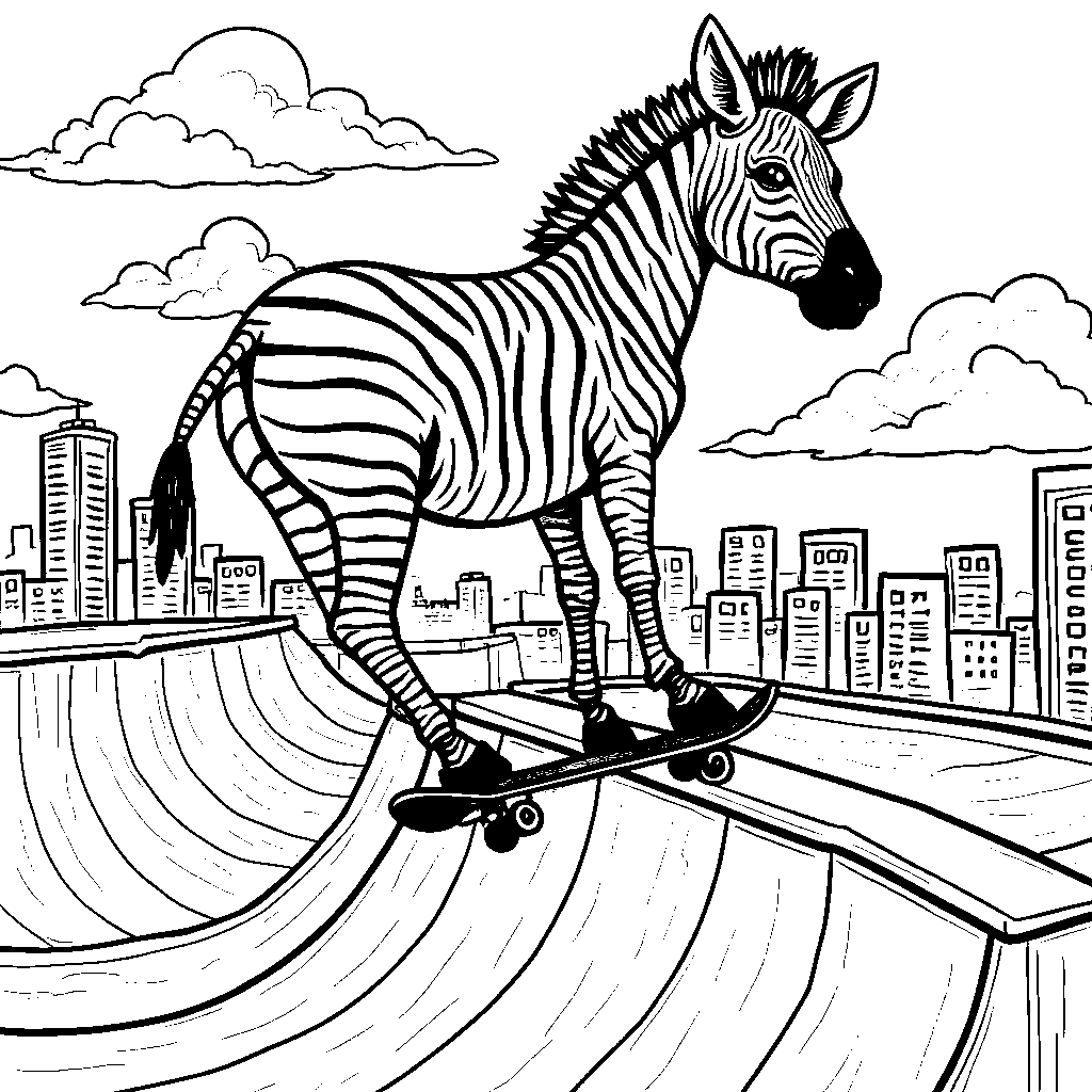 A zebra riding a skateboard on a halfpipe