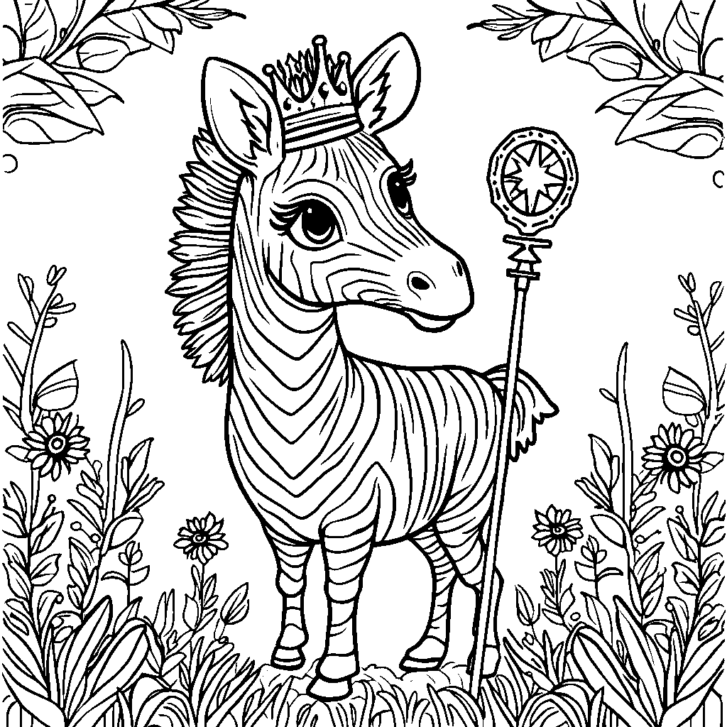 A zebra wearing a crown and holding a scepter