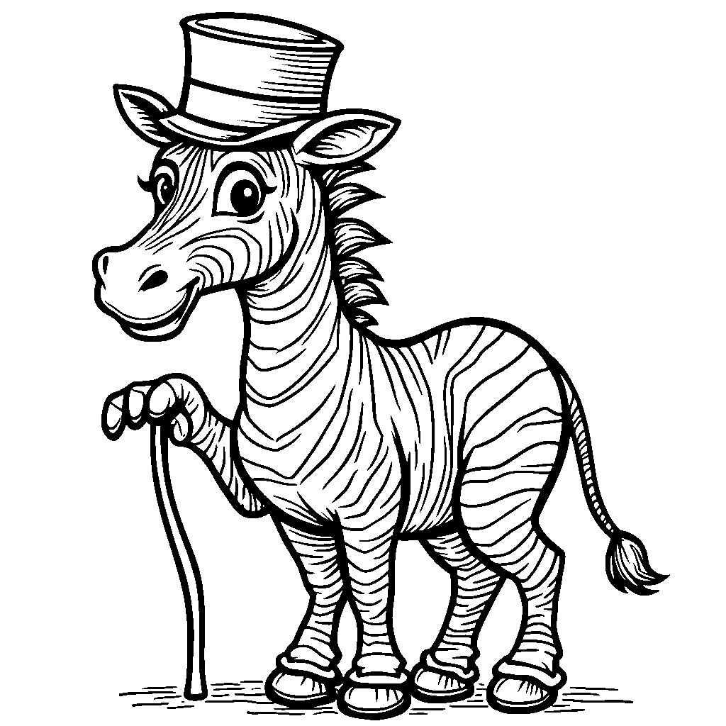 A zebra wearing a top hat and holding a cane