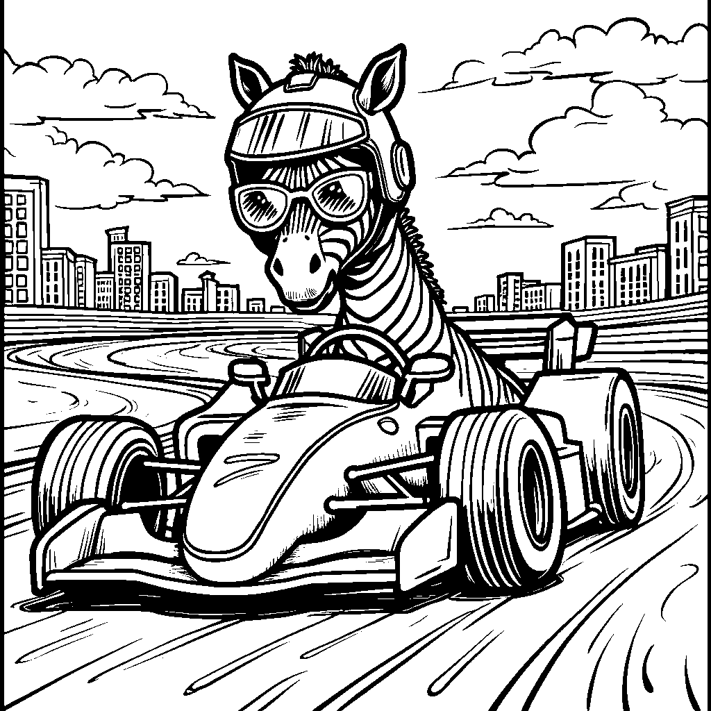 Zebra driving a race car on a track