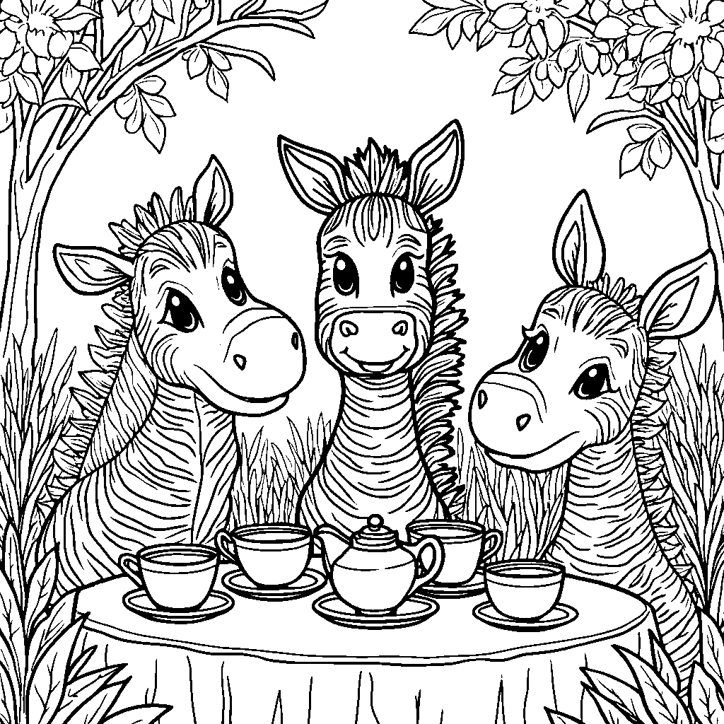 Zebra having a tea party with animal friends