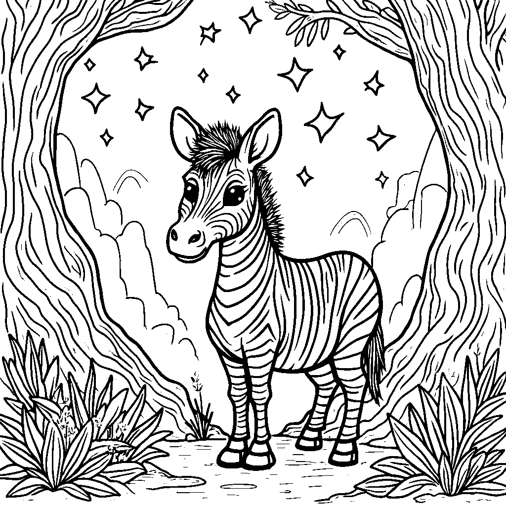 Zebra in a magical forest with sparkles and glitter