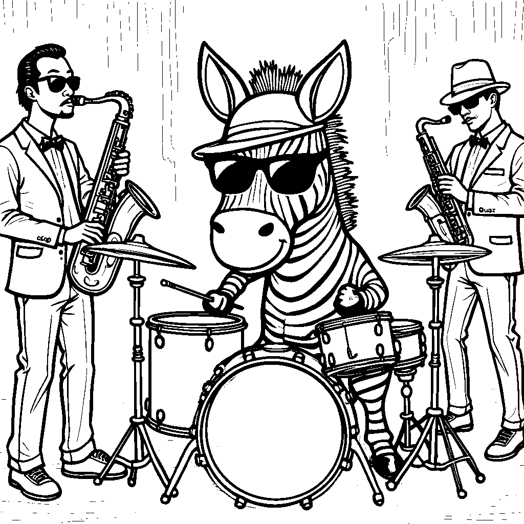 Zebra playing drums in a jazz band