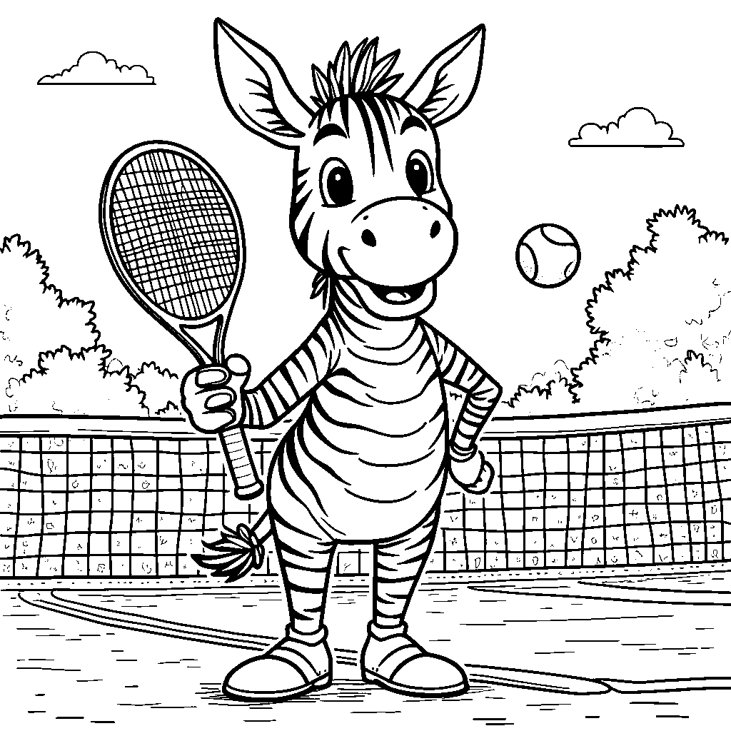 Zebra playing tennis with a racket and ball