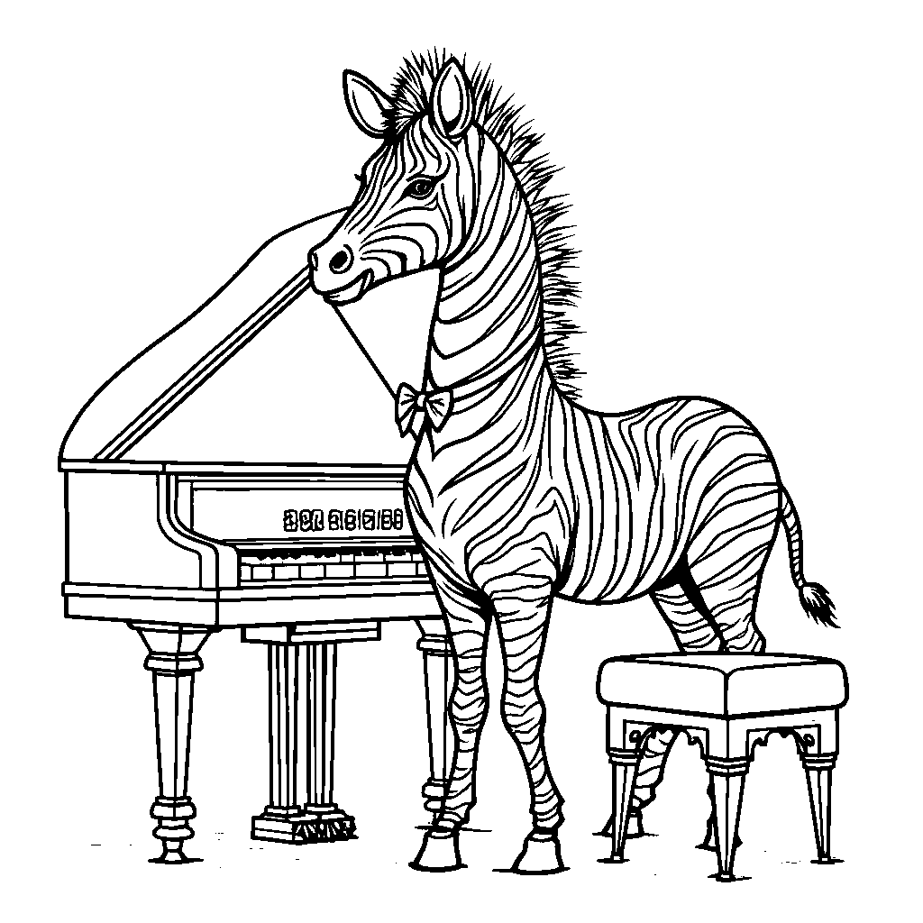 Zebra playing the piano in a concert hall