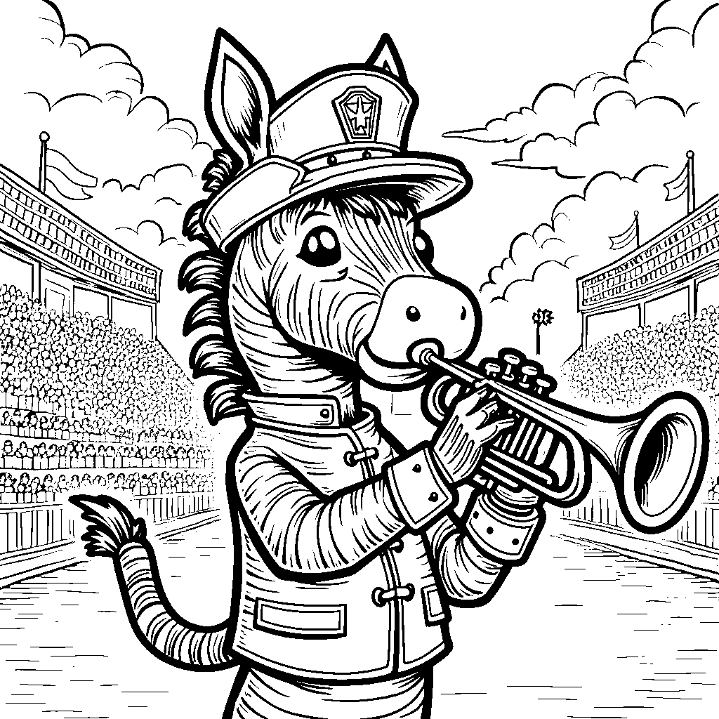 Zebra playing the trumpet in a marching band