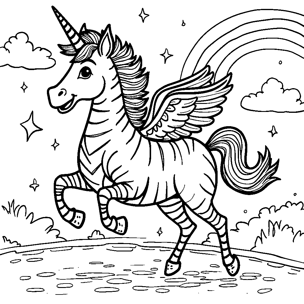 Zebra riding a unicorn on a rainbow