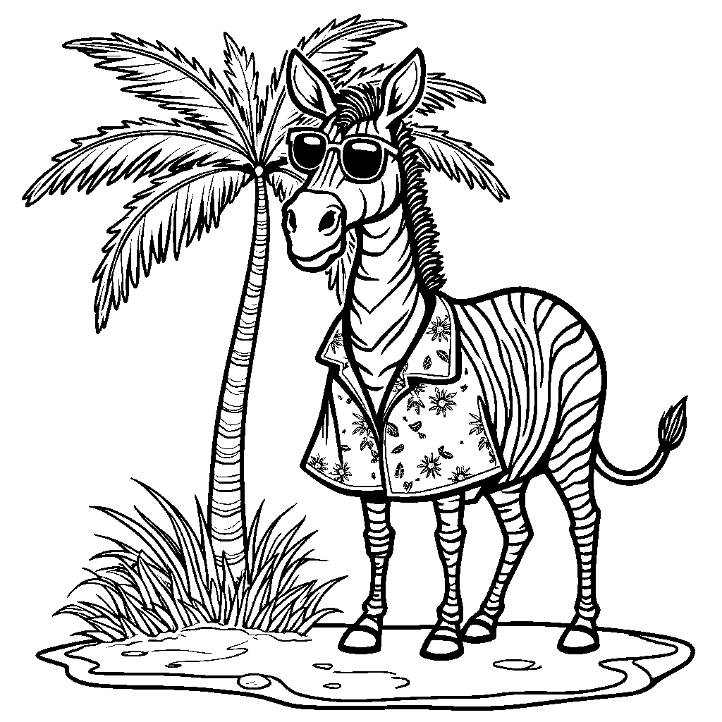 A zebra wearing sunglasses and a Hawaiian shirt