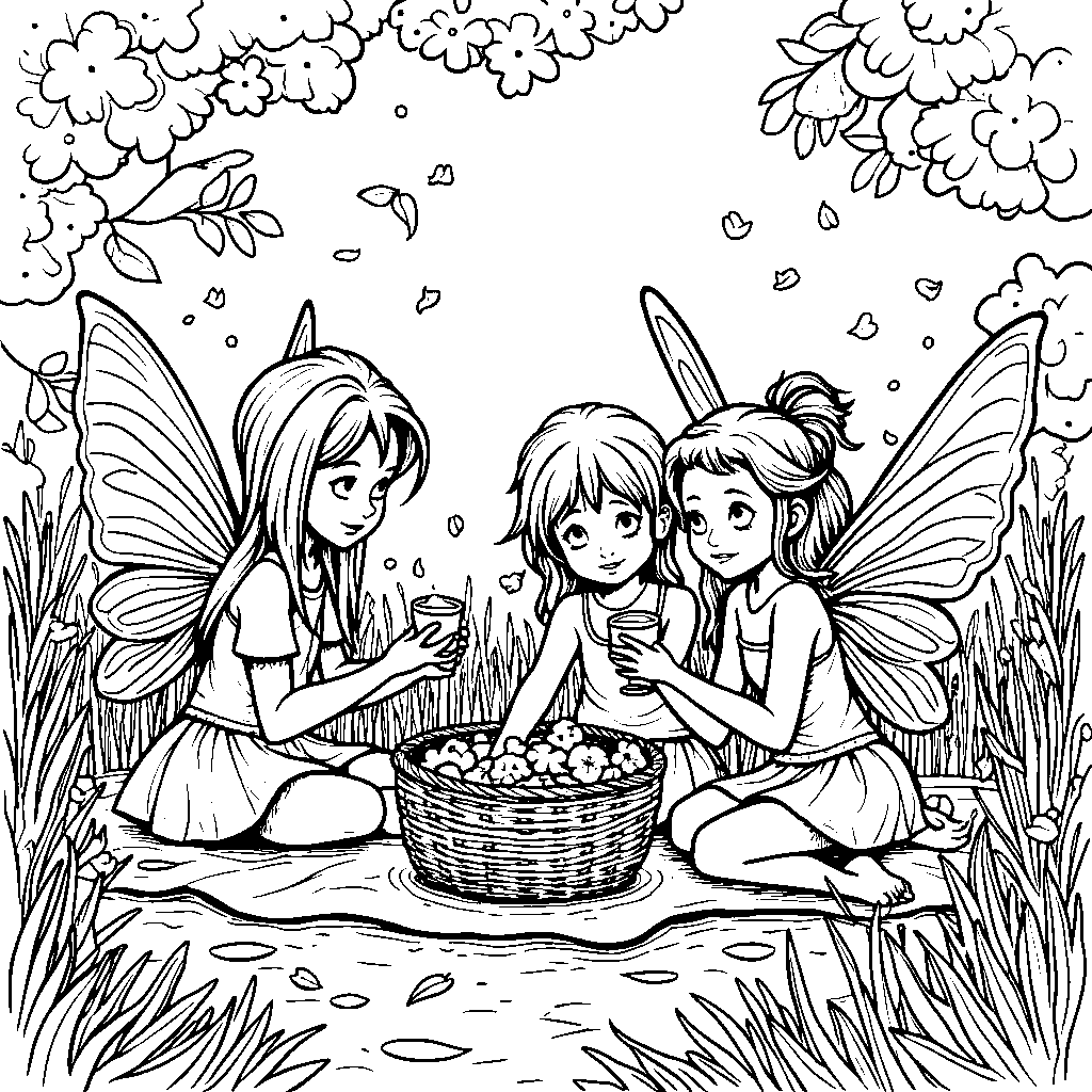 A group of fairies having a picnic in a sun-drenched meadow