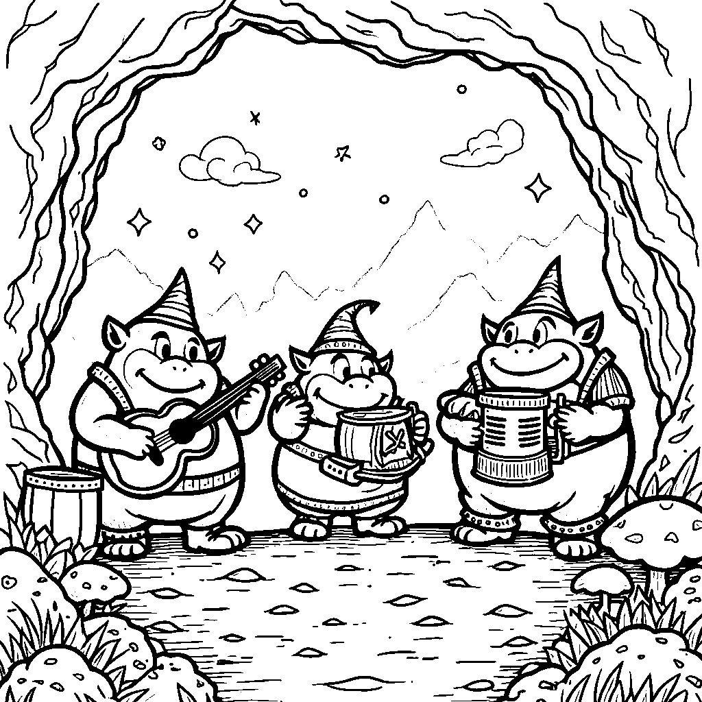 A group of Gorons playing musical instruments in a mountain cave