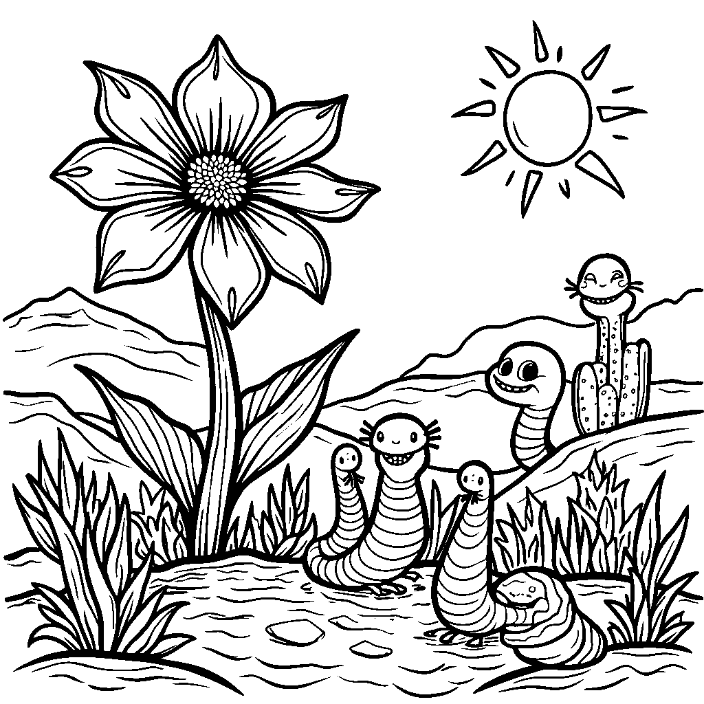 A magical flower blooming in the desert, surrounded by sandworms