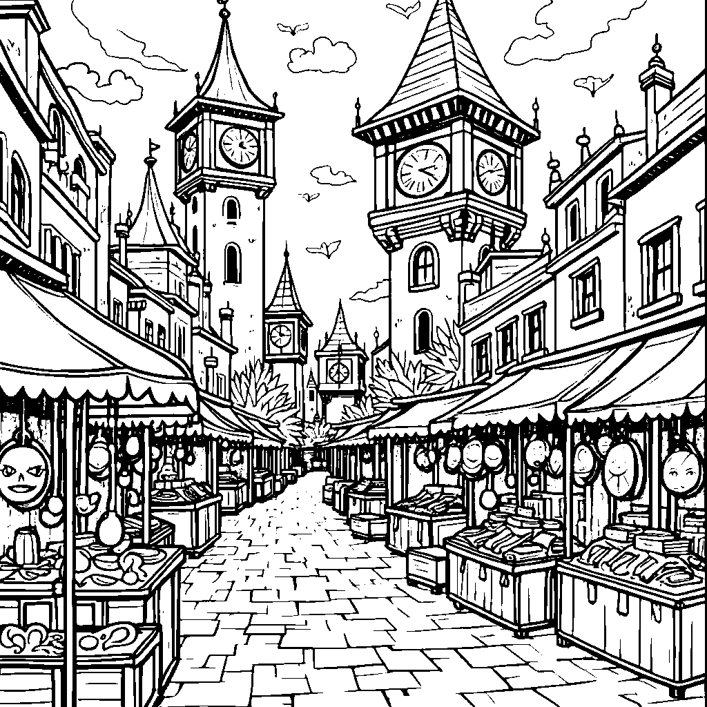 A scene from the market in Clock Town, with masks and stalls galore