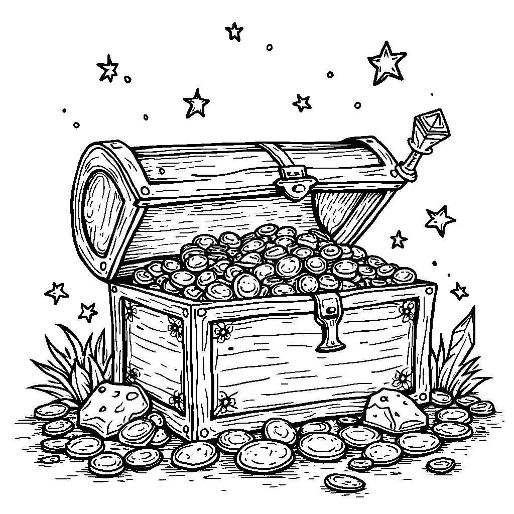 A treasure chest overflowing with gold coins, jewels, and magical items