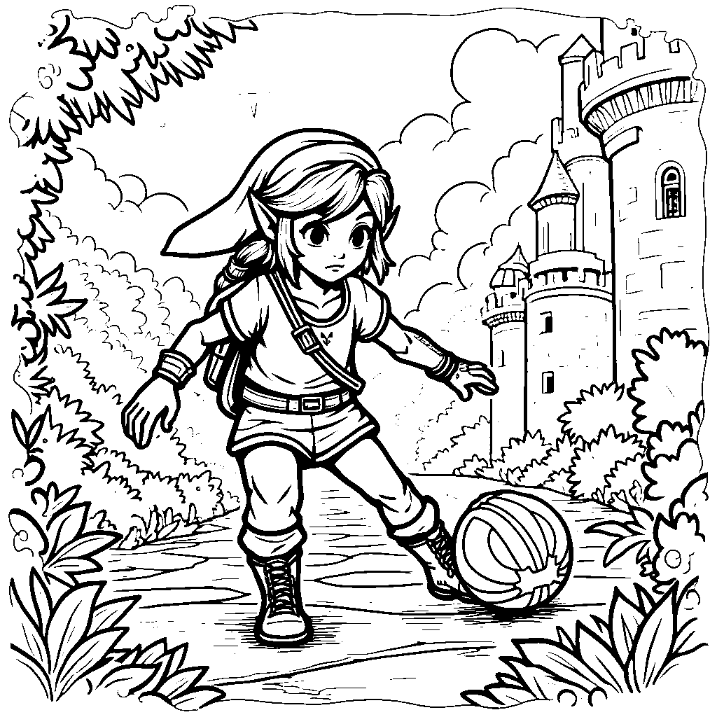 A young Link playing with a ball in the courtyard of Hyrule Castle