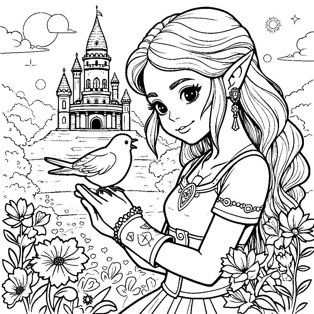 A young Zelda playing with a pet bird in the castle gardens