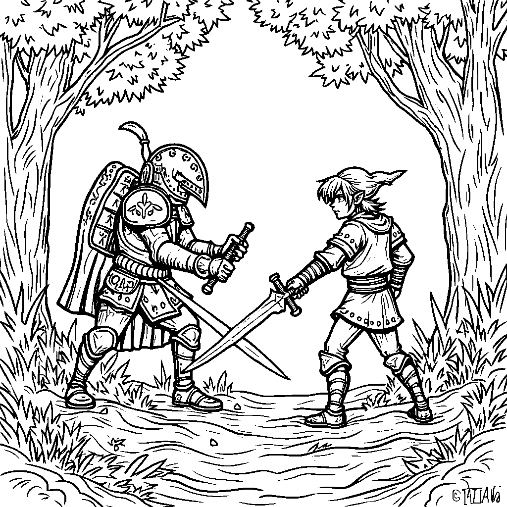 A battle scene between Link and a Stalfos knight