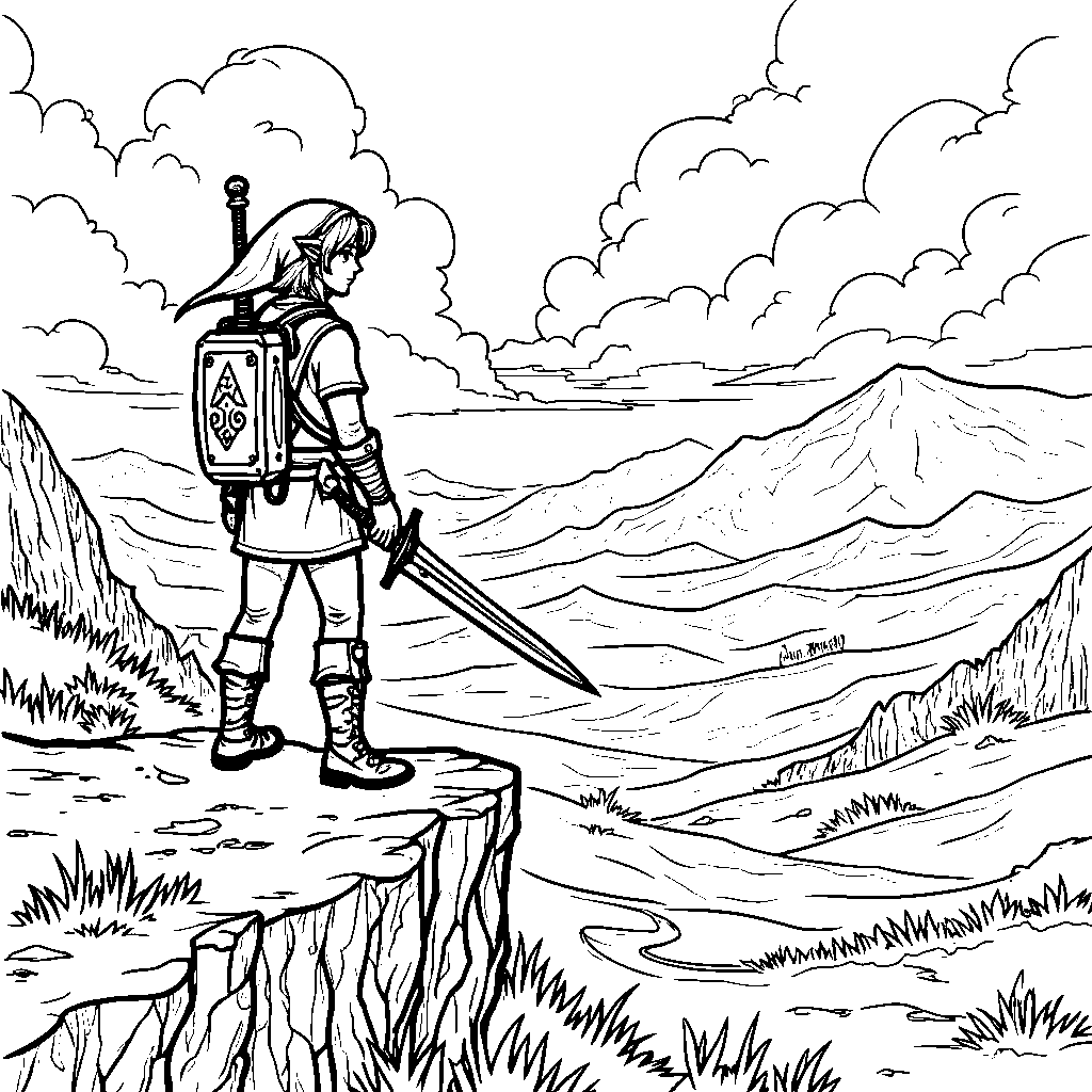 Link holding the Master Sword and standing on a cliff overlooking a vast landscape