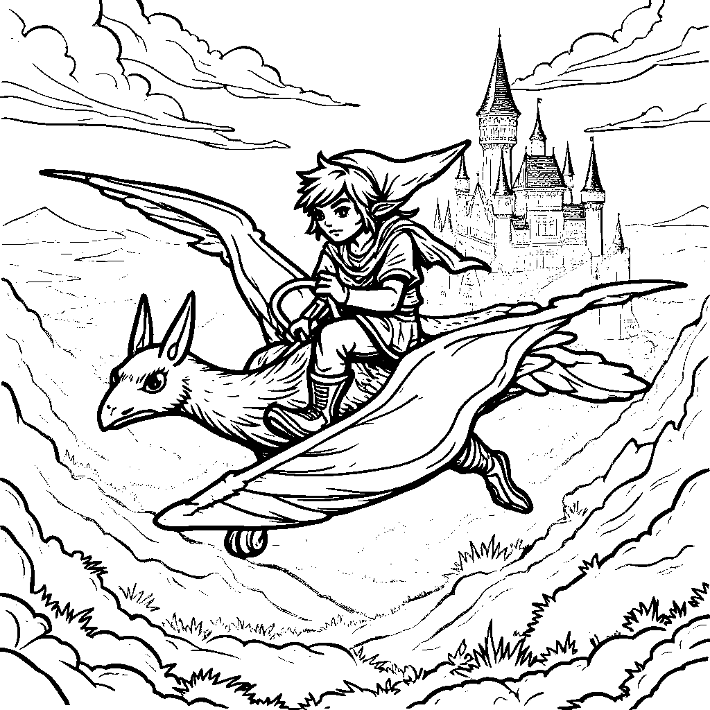 Link riding a Loftwing through the skies of Hyrule