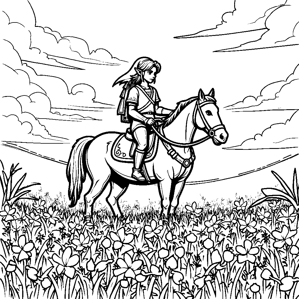 Link riding Epona through a field of Hyrulean wildflowers