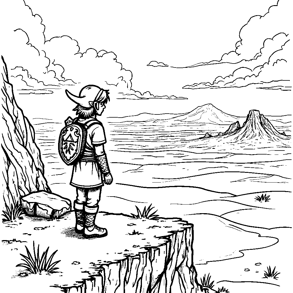 Link standing on a cliff, looking out at a vast desert landscape