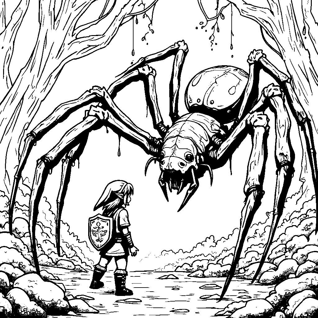 A fierce battle between Link and a giant spider