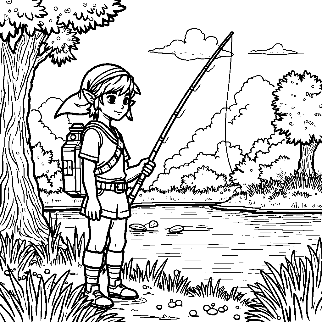 Link wearing a green hat and holding a fishing rod