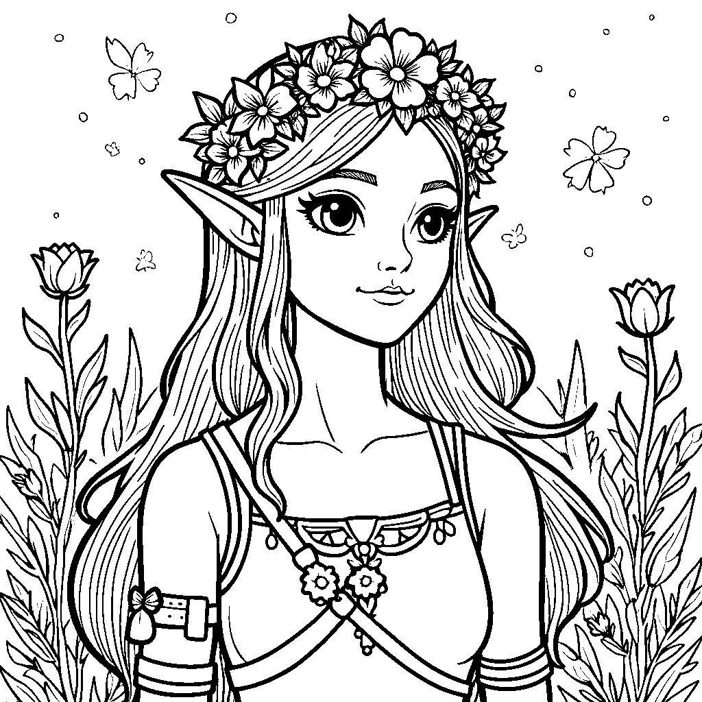 A portrait of Zelda with a crown made of flowers and vines