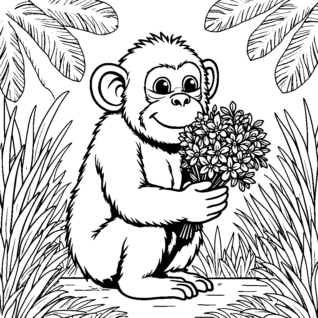 A chimpanzee holding a bouquet of flowers