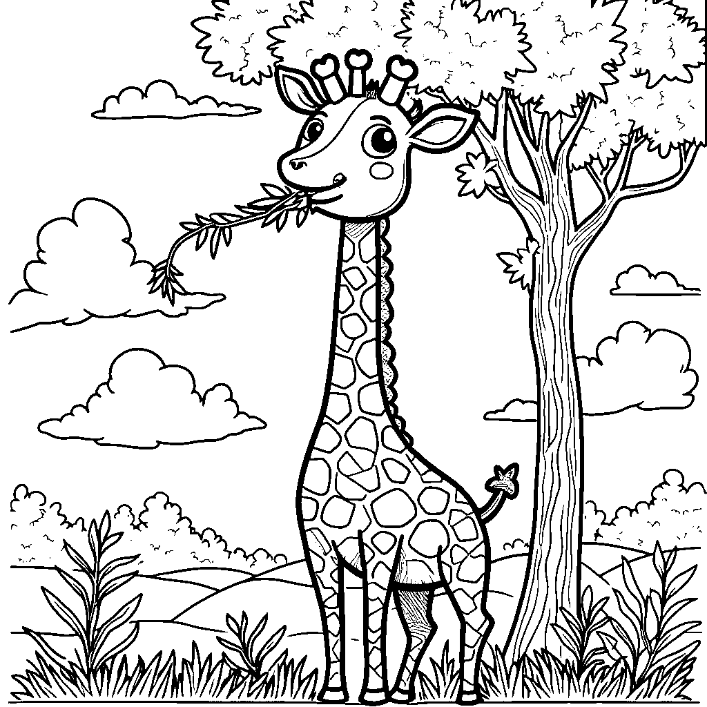 A happy giraffe eating leaves from a tall tree