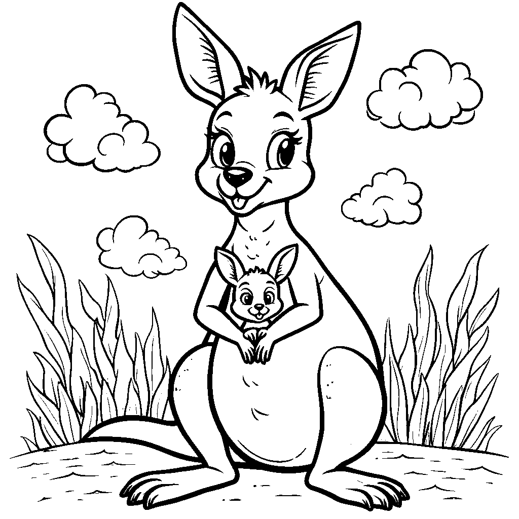 A kangaroo and her joey in a pouch