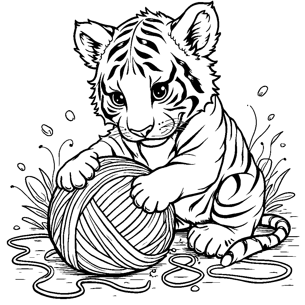 A tiger playing with a ball of yarn