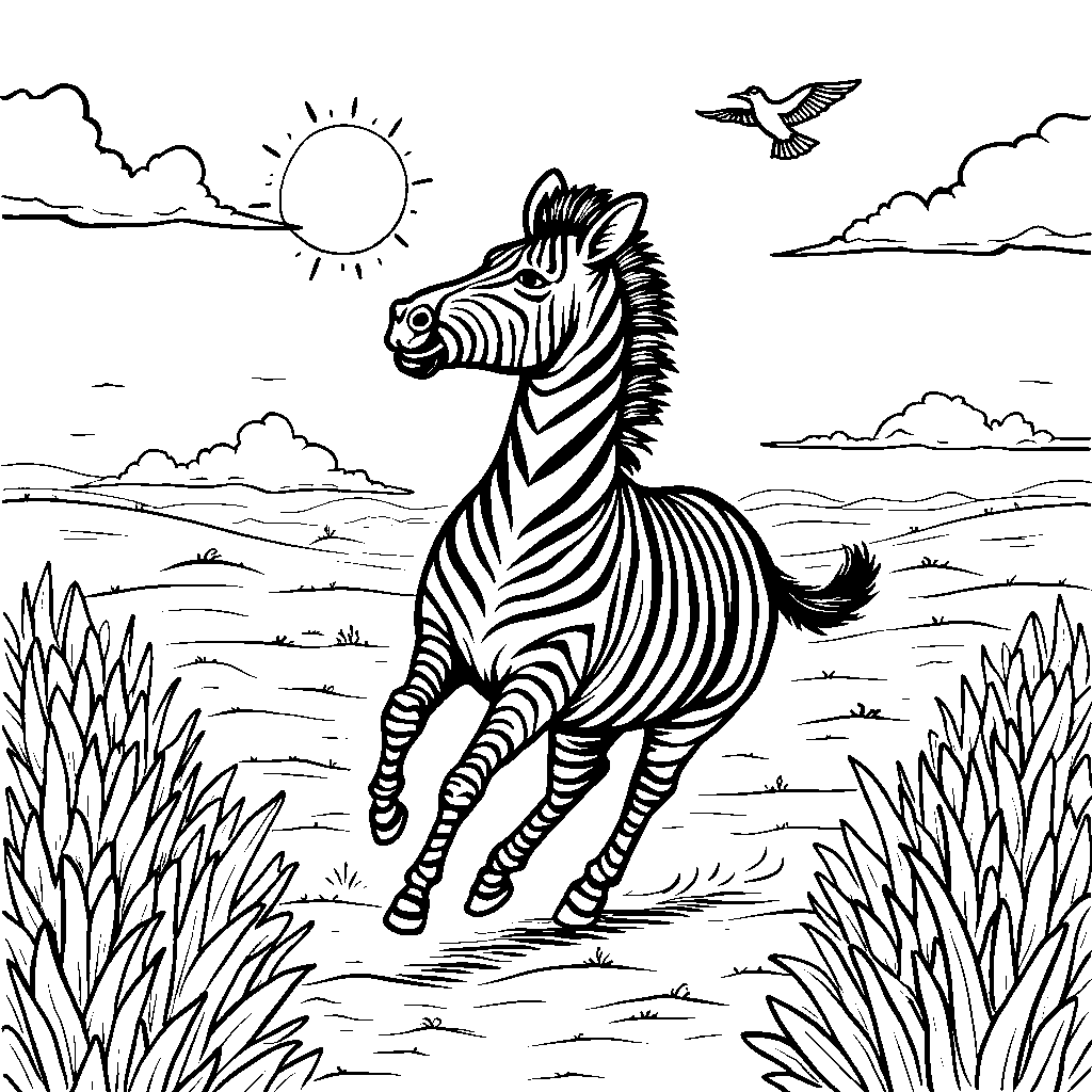 A zebra running freely in the savannah