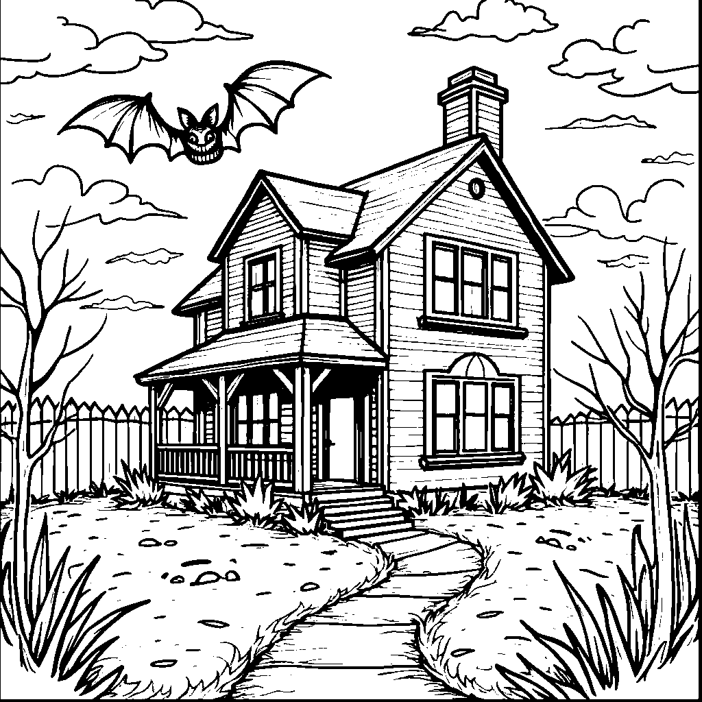 A Bat Flying Over a Haunted House