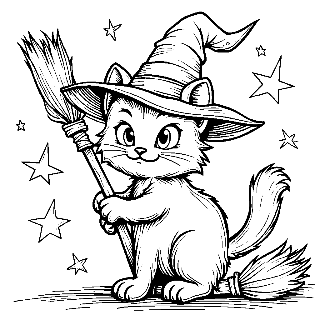 A Black Cat with a Witch's Hat and Broom