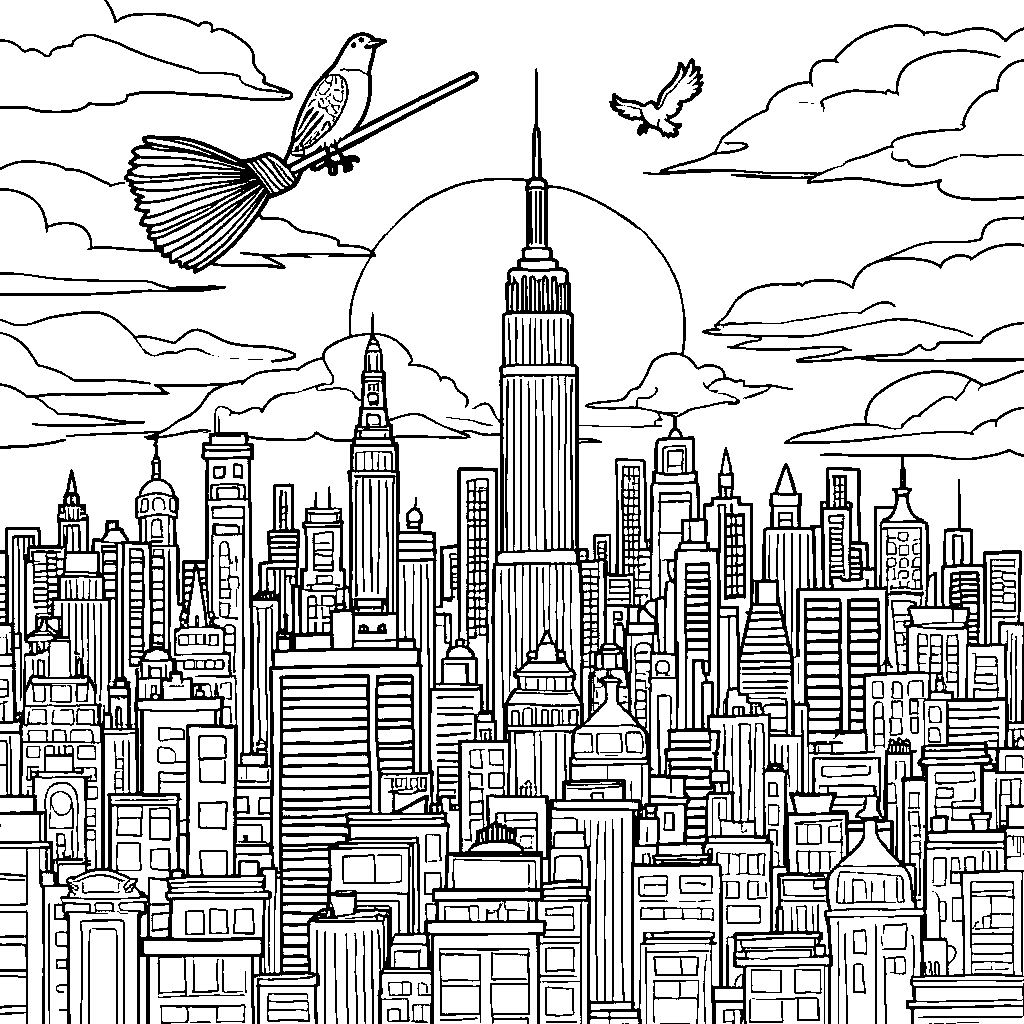 A broomstick flying over a city skyline