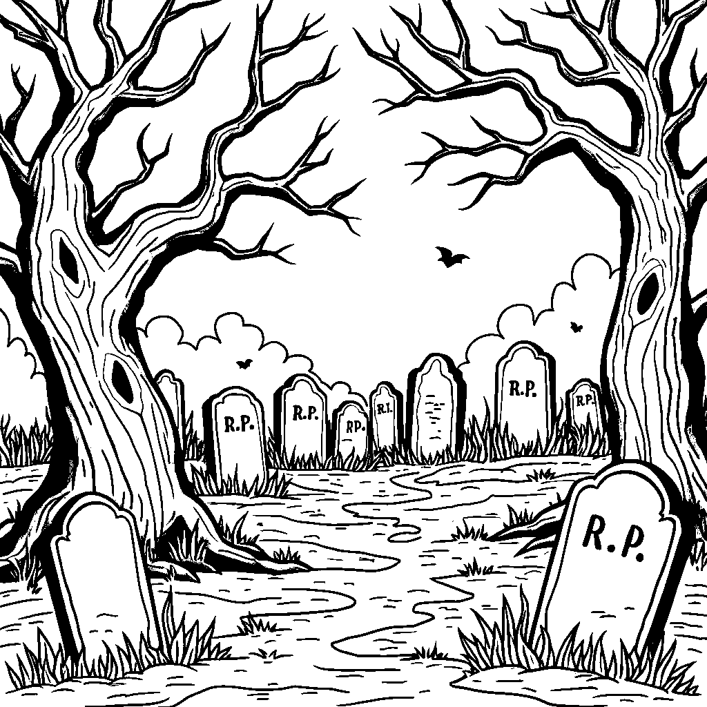 A Graveyard with R.I.P. Stones and Spooky Trees