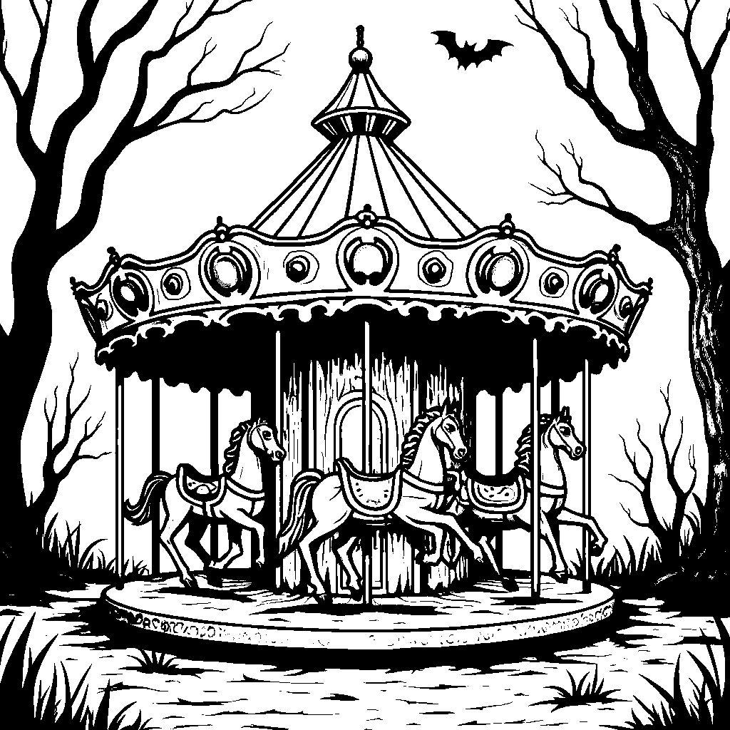 A Haunted Carousel with Spooky Horses