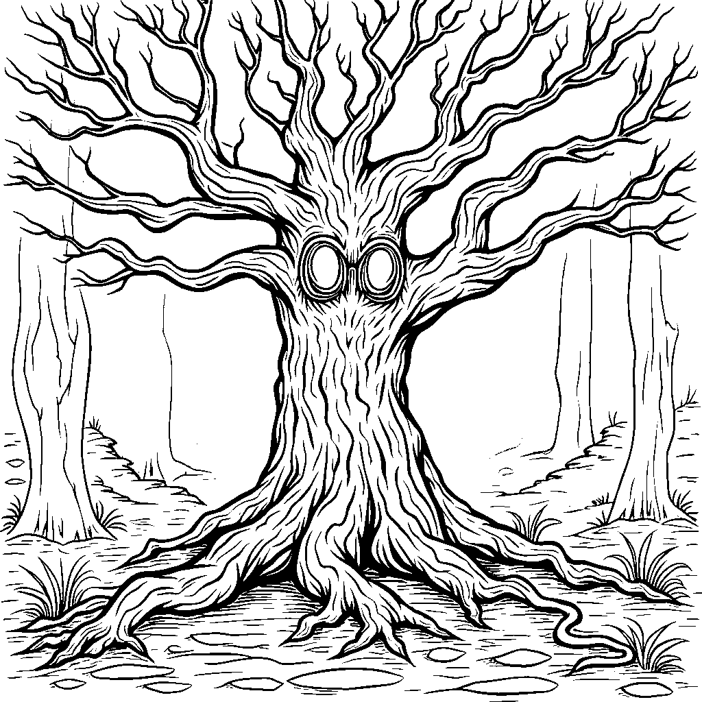 A Haunted Tree with Glowing Eyes