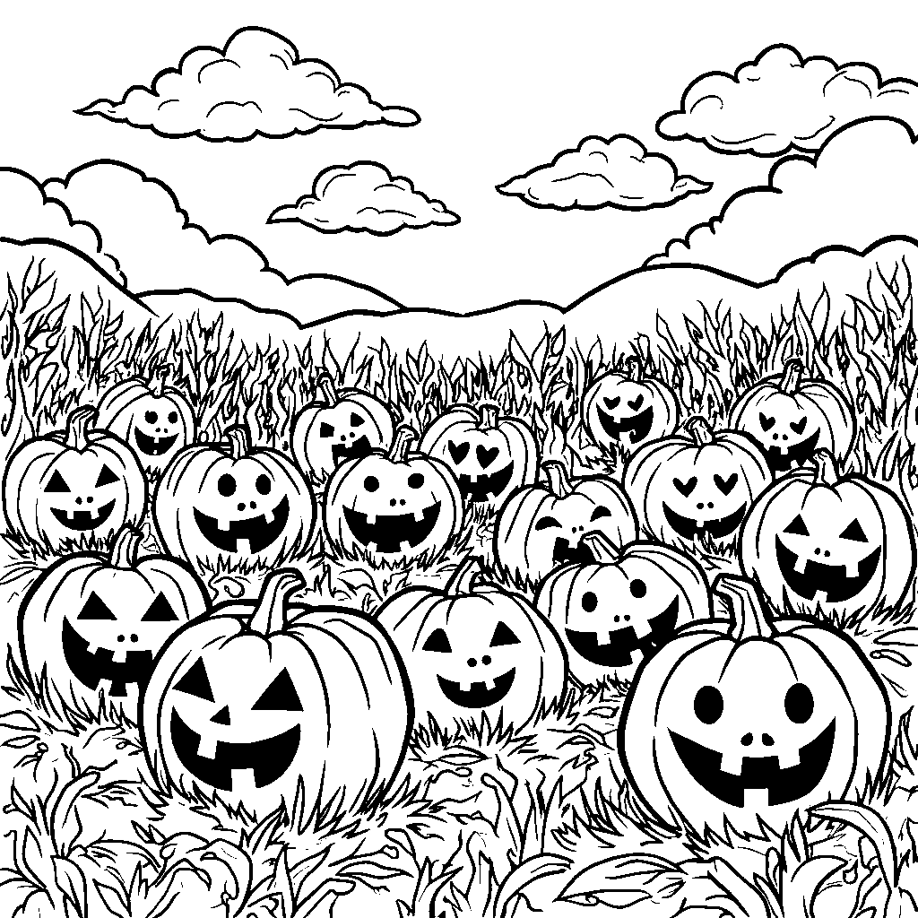 A Pumpkin Patch with Smiling Jack-o'-Lanterns