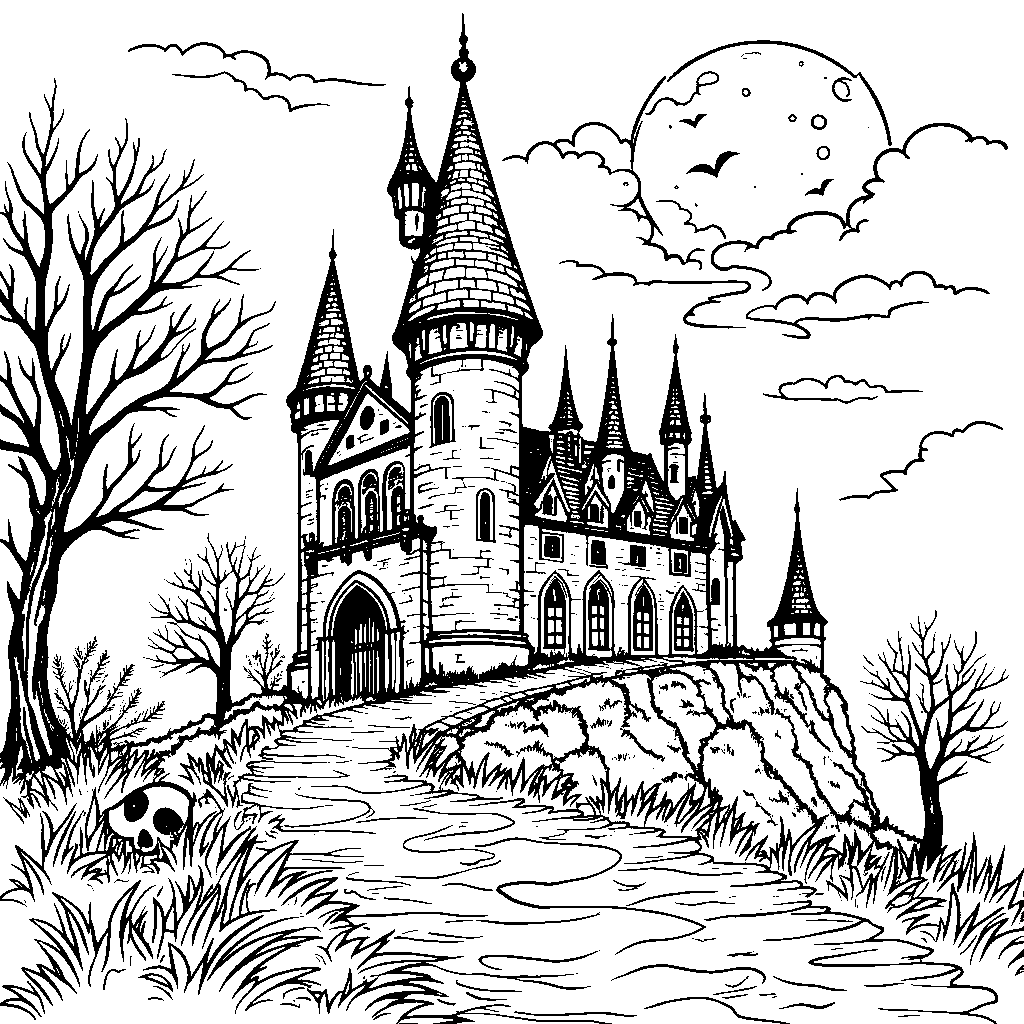 A Vampire's Castle with a Blood-Red Moon