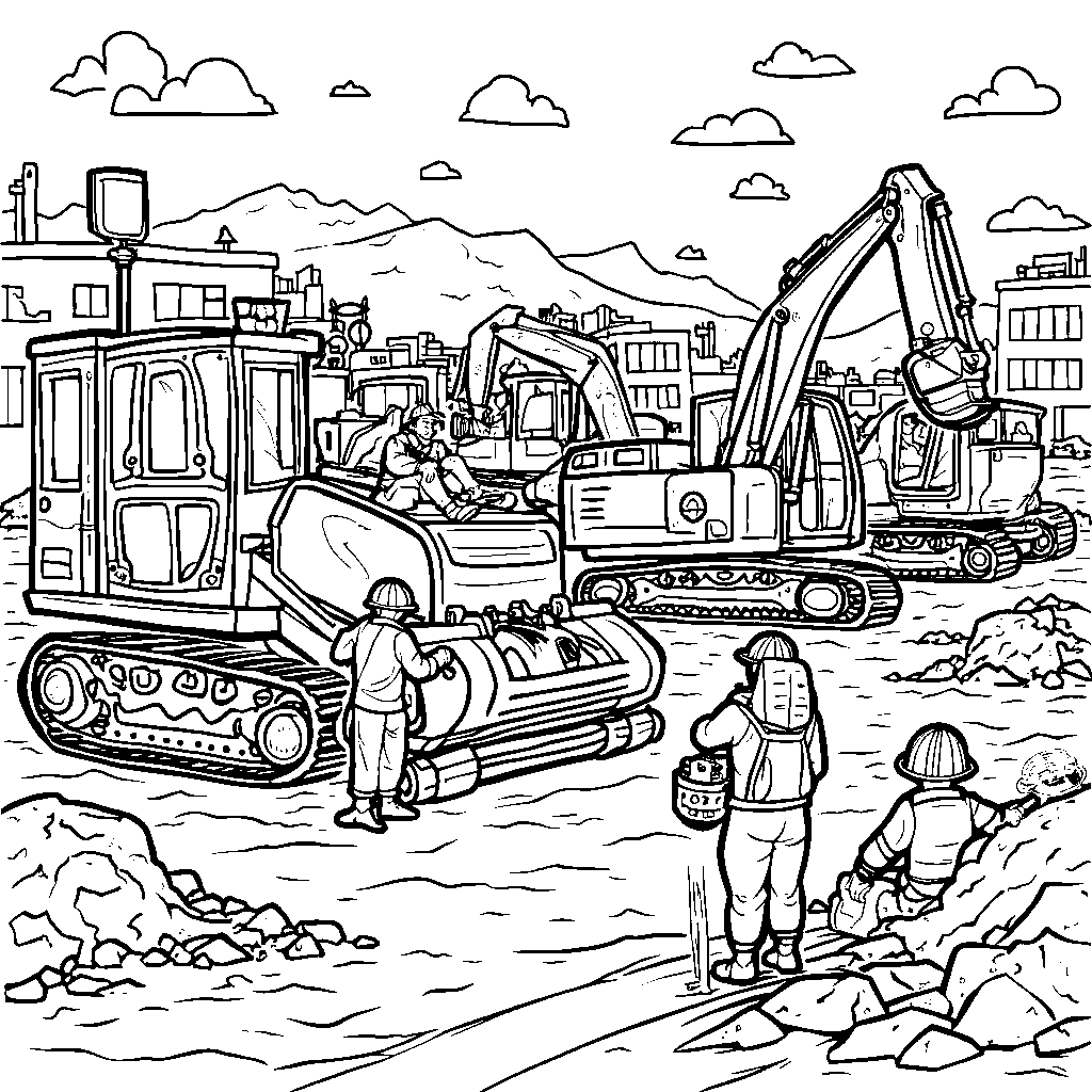 A bustling construction site with workers and machines