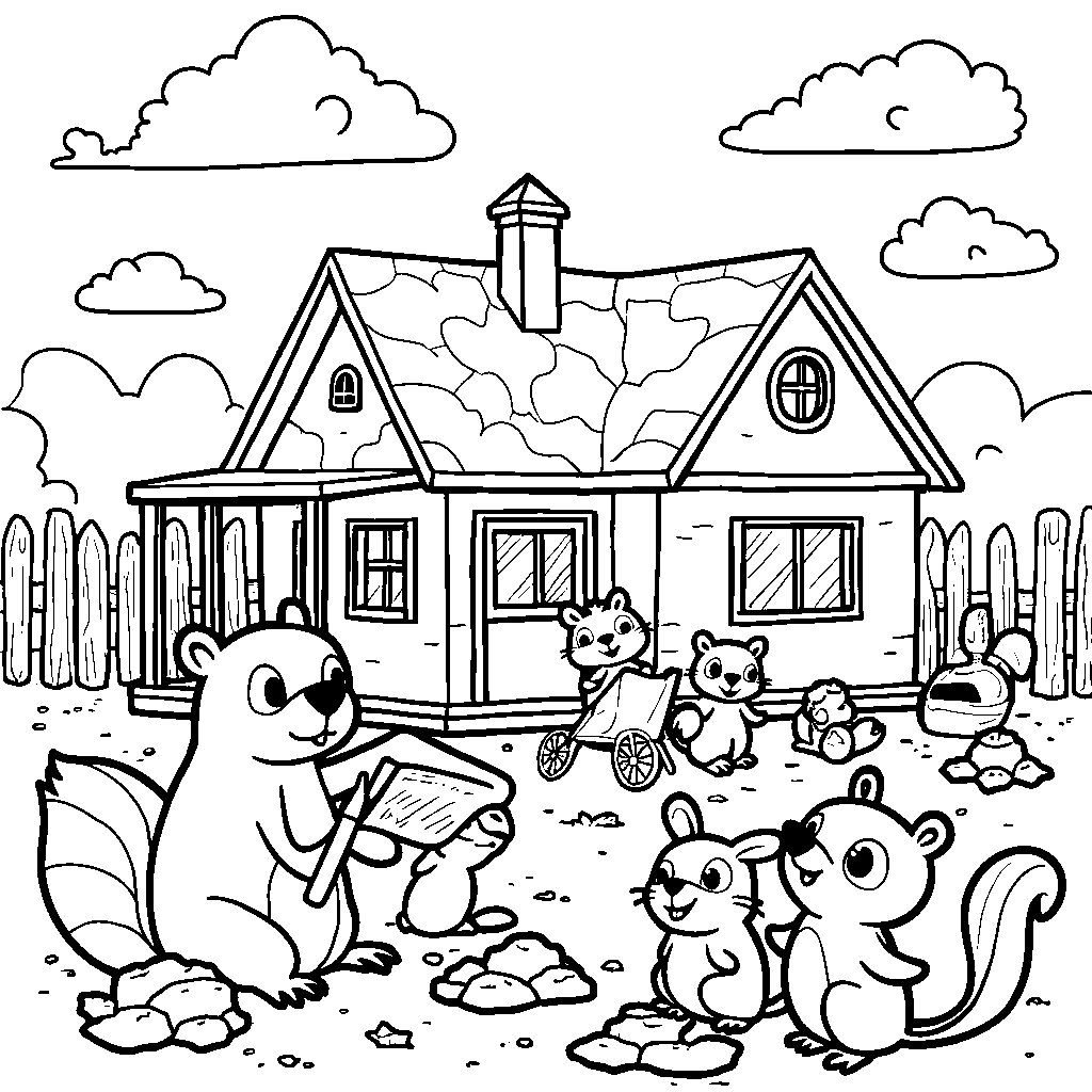 A busy construction team of animals building a new home