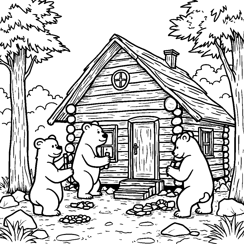 A family of bears building their cozy log cabin