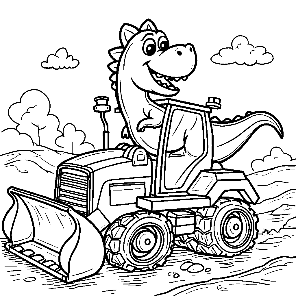 a friendly dinosaur operating a construction vehicle