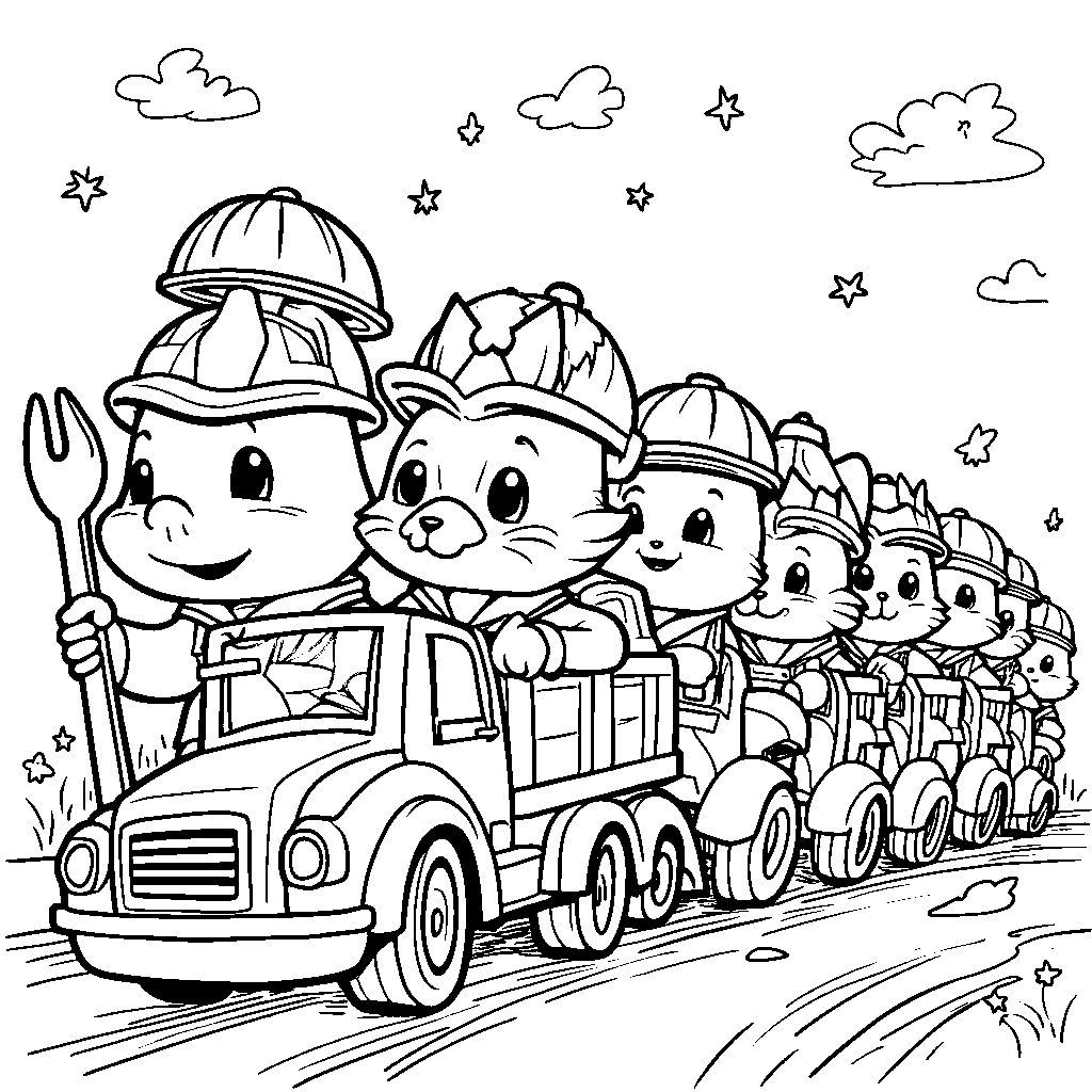 A parade of animals wearing hard hats and holding tools