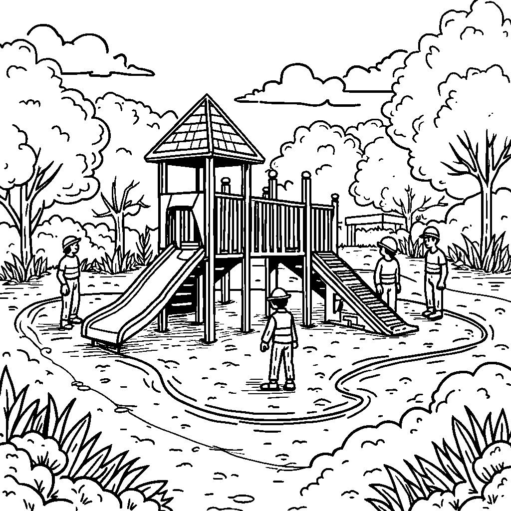 A park under construction with playground equipment