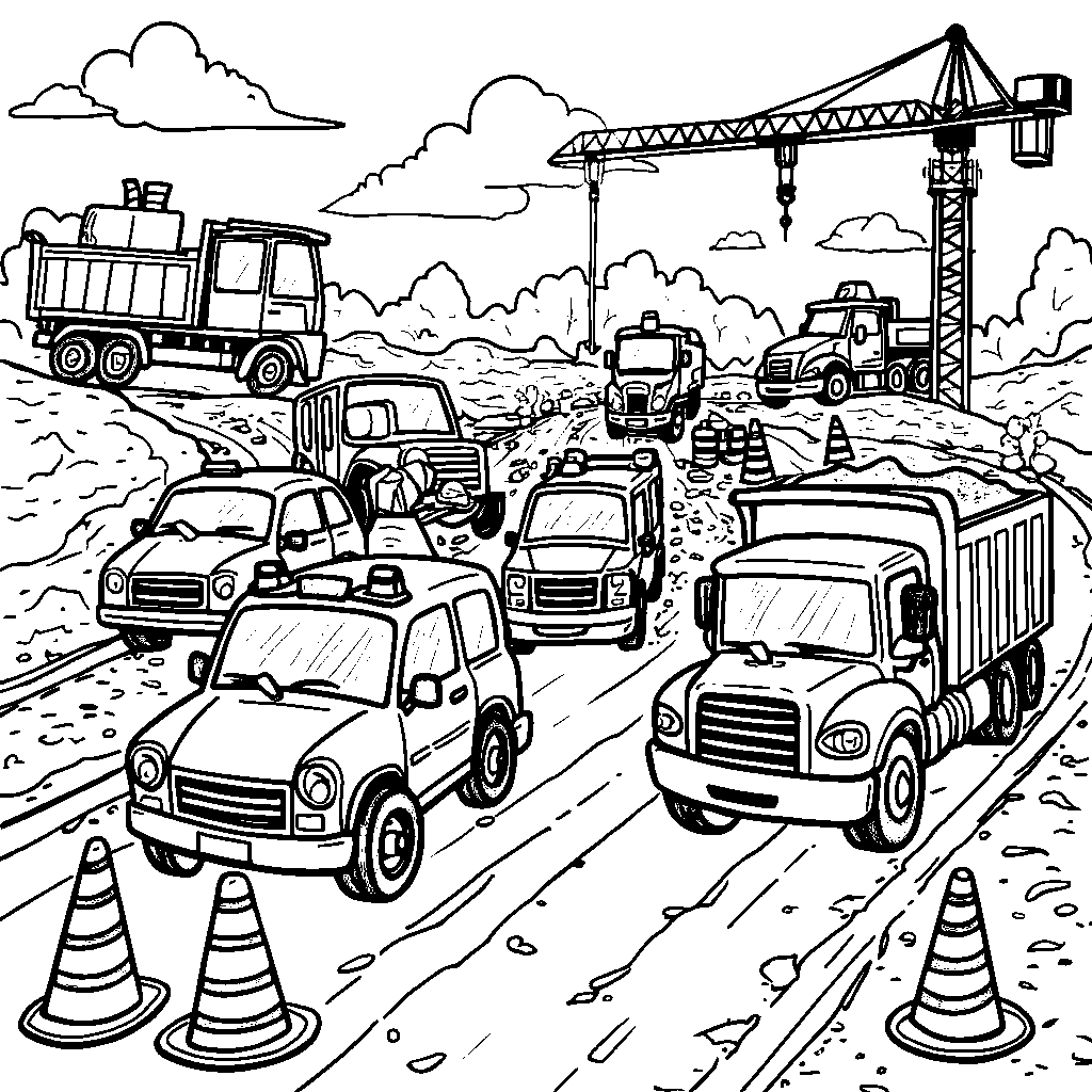 Cars and trucks driving through a fun construction zone