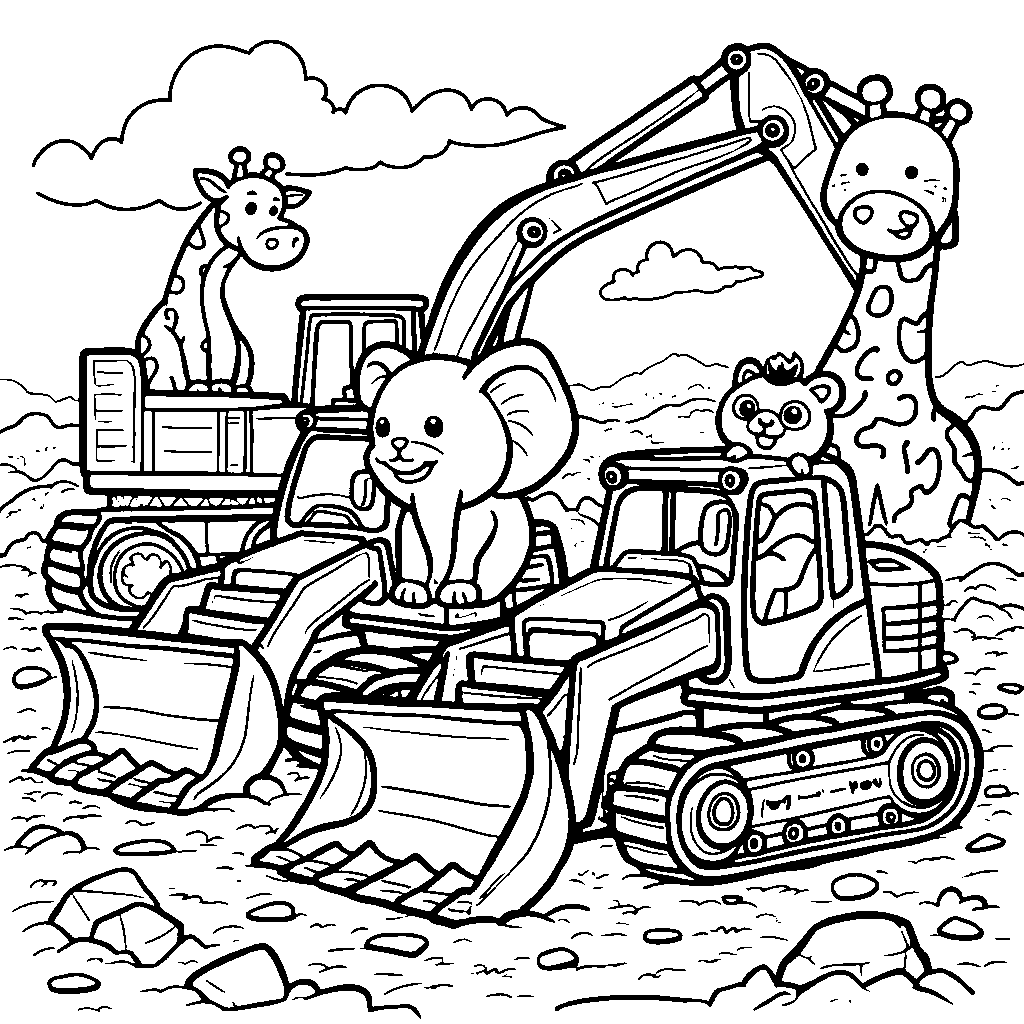 Cartoon animals operating construction equipment